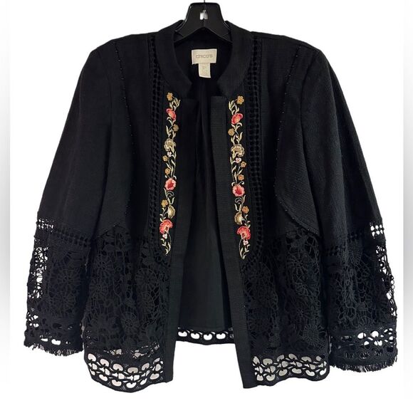 Chico's Jackets & Blazers - Chico’s Black Embroidered Crochet Beaded Blazer Jacket Size 1P (SP)
